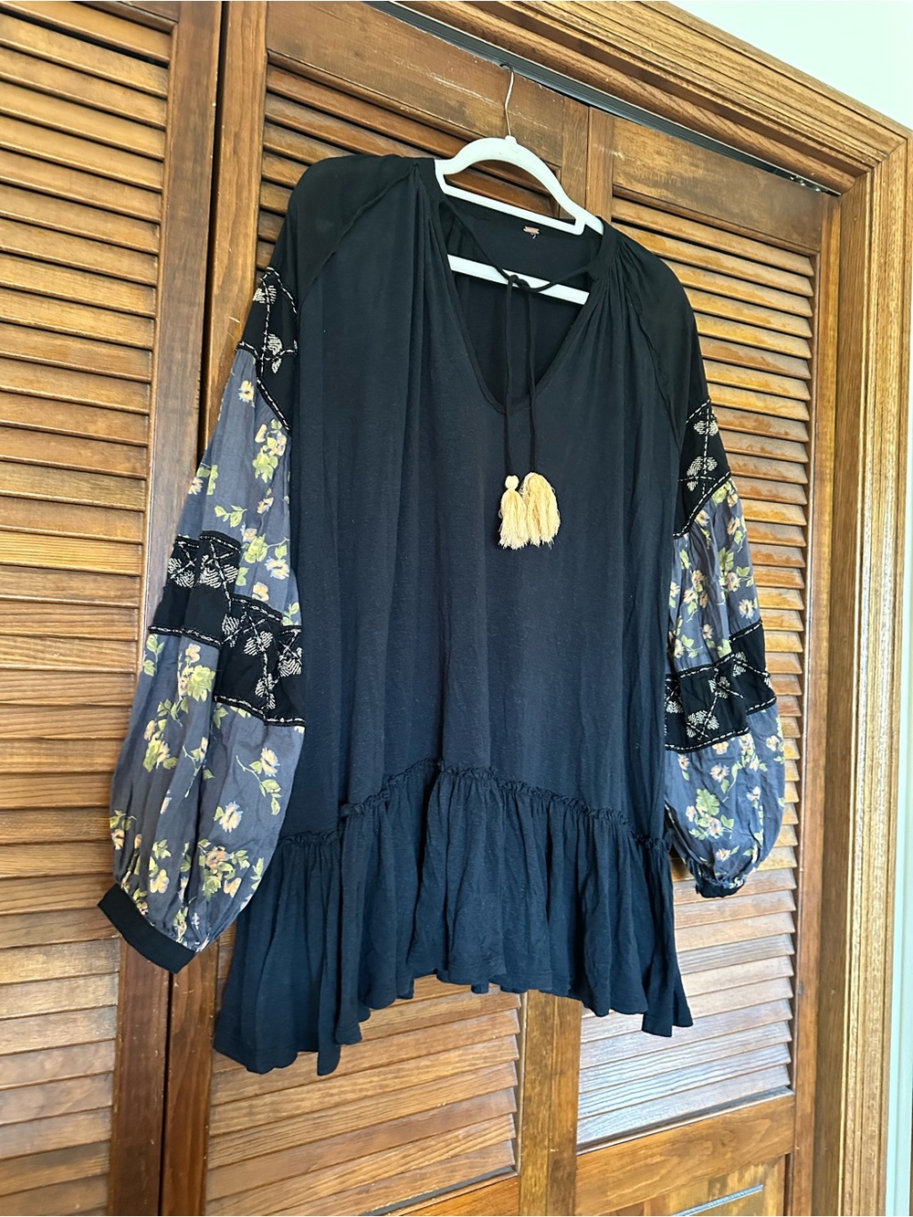 Free People Mix it Up Black Mini Tunic Dress with Floral Balloon Sleeves - Picture 10 of 14